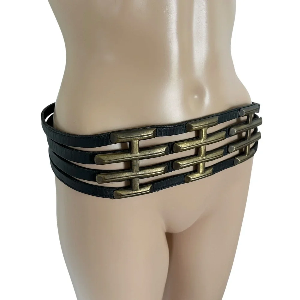 Vintage Leather Wide Cage Belt Brass Hardware Statement Black Boho Western